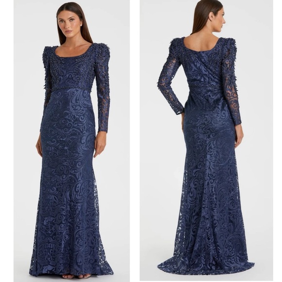 MAC DUGGAL Embroidered Lace Appliqué Beaded Long Sleeve Trumpet Gown Maxi size 6 - Picture 1 of 13